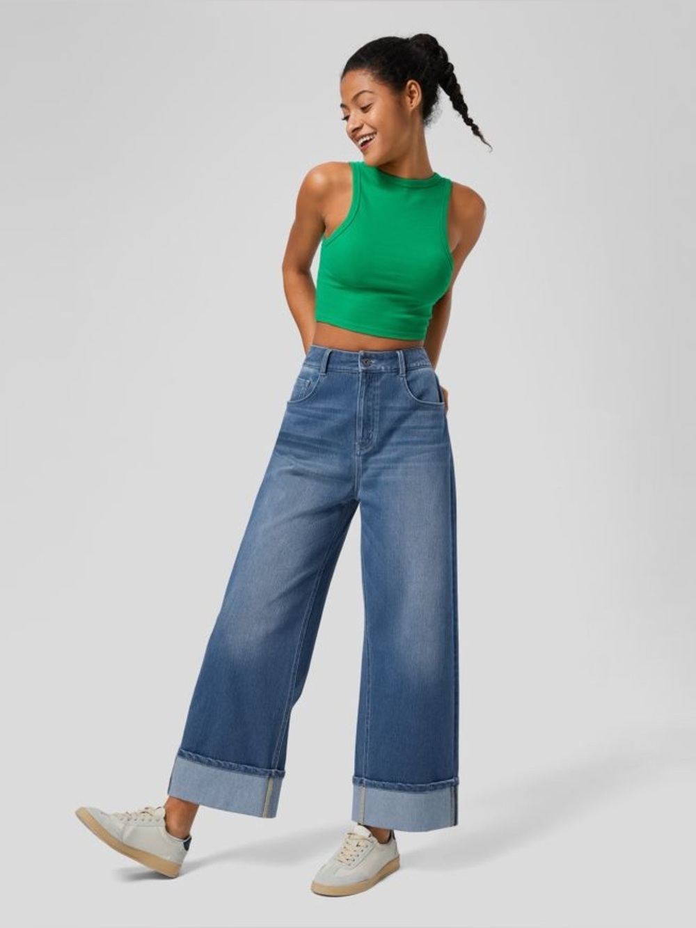 NWOT Halara Flex™ High Waisted Pockets Rolled Hem Wide Leg Washed Casual Jeans L